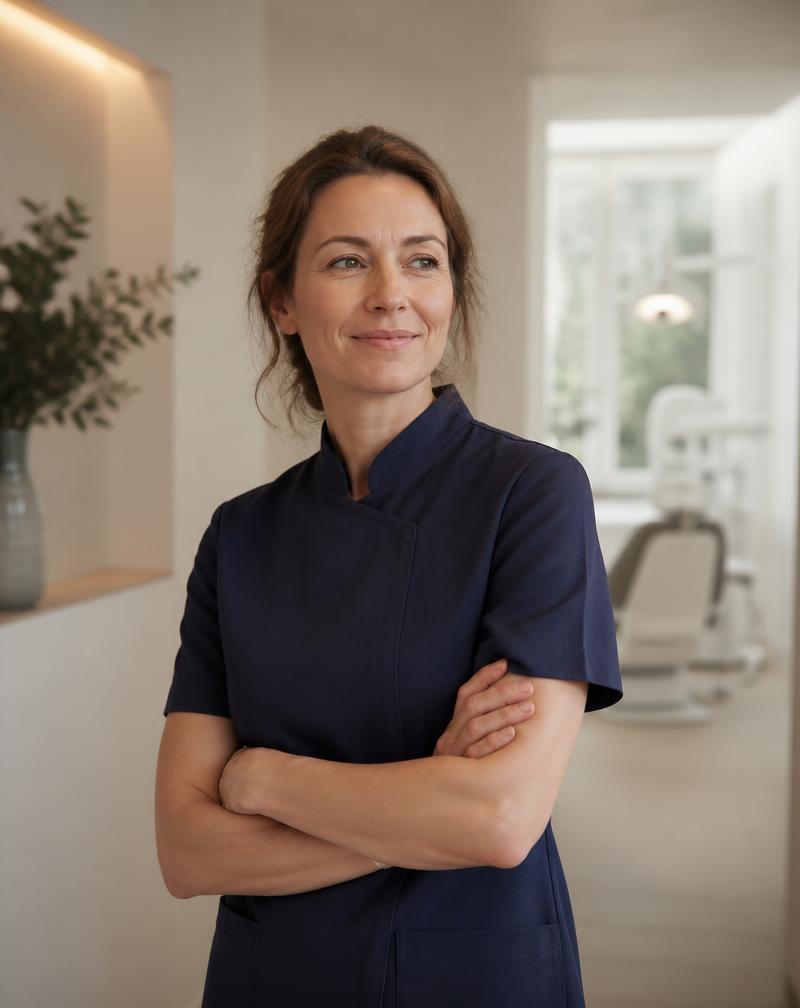Dra. Helena Vasconcelos no corredor da clínica Lumé