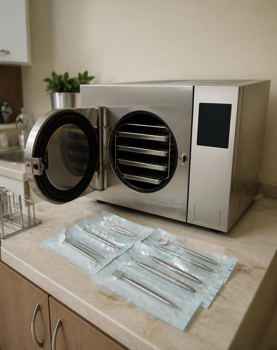 Central de esterilização com autoclave e instrumentais embalados
