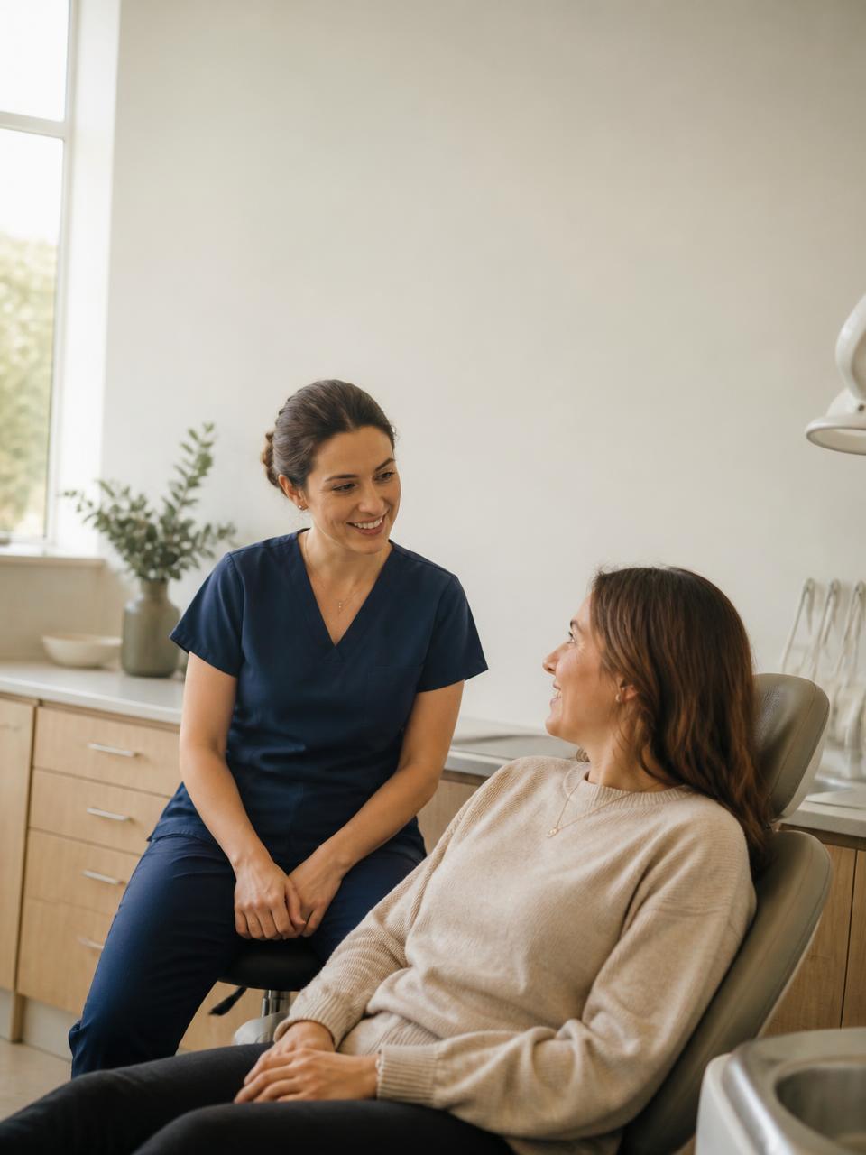 Dentista conversando com uma paciente na cadeira de atendimento da clínica Lumé