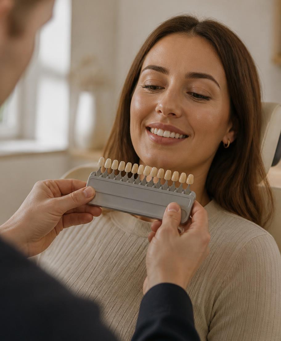 Escala de cor sendo comparada ao sorriso de uma paciente