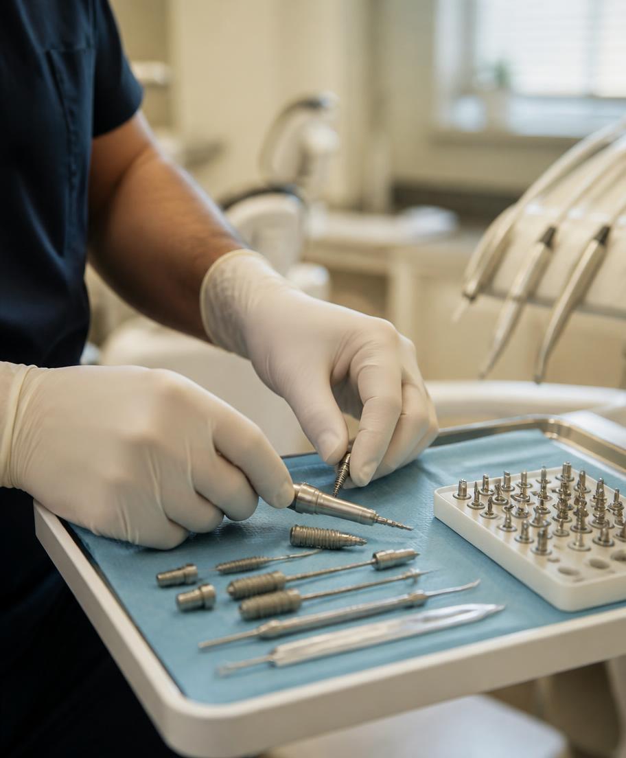 Instrumentos de implante dentário organizados em bandeja estéril