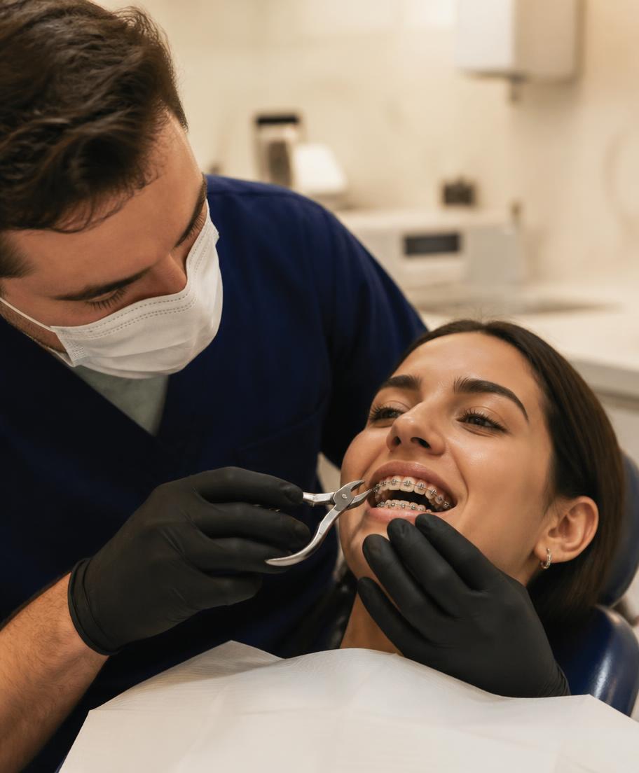 Dentista ajustando aparelho ortodôntico de uma paciente
